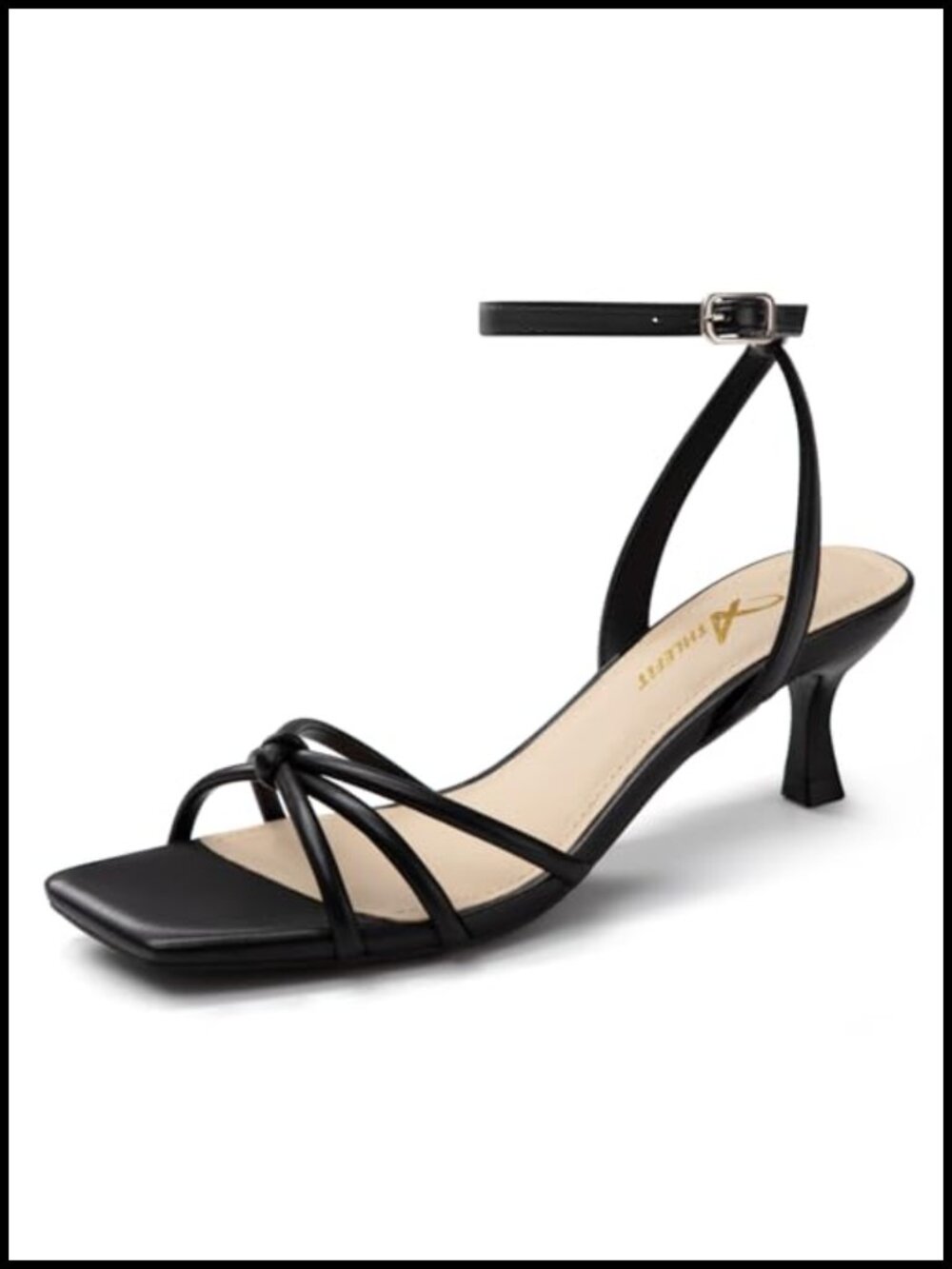 Kitten Heels Square Toe Strappy Heeled Sandals PU Leather Ankle Strap